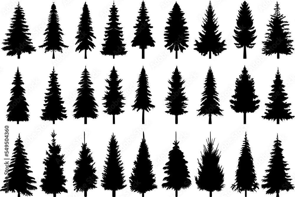 set silhouette christmas tree design vector isolated