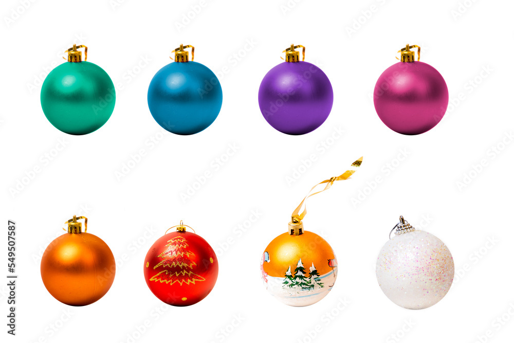 Set of Christmas balls isolated on white background for Christmas tree decoration or assets. Colorful set of balls in different shapes and colors Set of Christmas balls isolated on white background for Christmas tree decoration or assets. Colorful set of balls in different shapes and colors