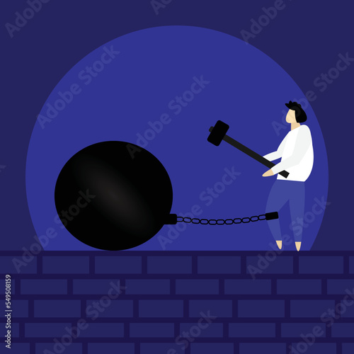 Businessman Fighting with Fear, Person Smashed chained fear ball, Face everything and Rise concept