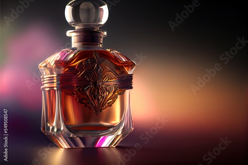  a bottle of perfume with a design on it on a table top with a blurry background and a light. Generative AI