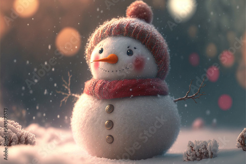 Fototapeta tiny cute snowman standing on snowy field in winter christmas festive