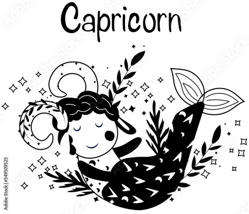 Black and white Capricorn astrological sign. Funny Zodiac sign with colorful leaves and stars around. Capricorn perfect for posters, logo, cards. Vector illustration.