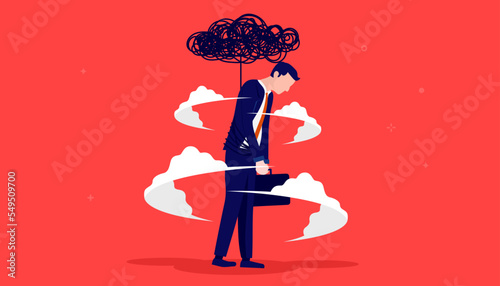 Burnout and depression - Office worker man feeling depressed and tired from overwork and pressure at workplace. Flat design vector illustration with red background