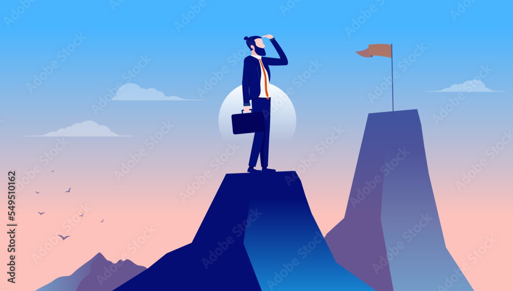 Business aiming high - Businessman man on mountaintop looking at career goal and opportunities. Work success concept, vector illustration