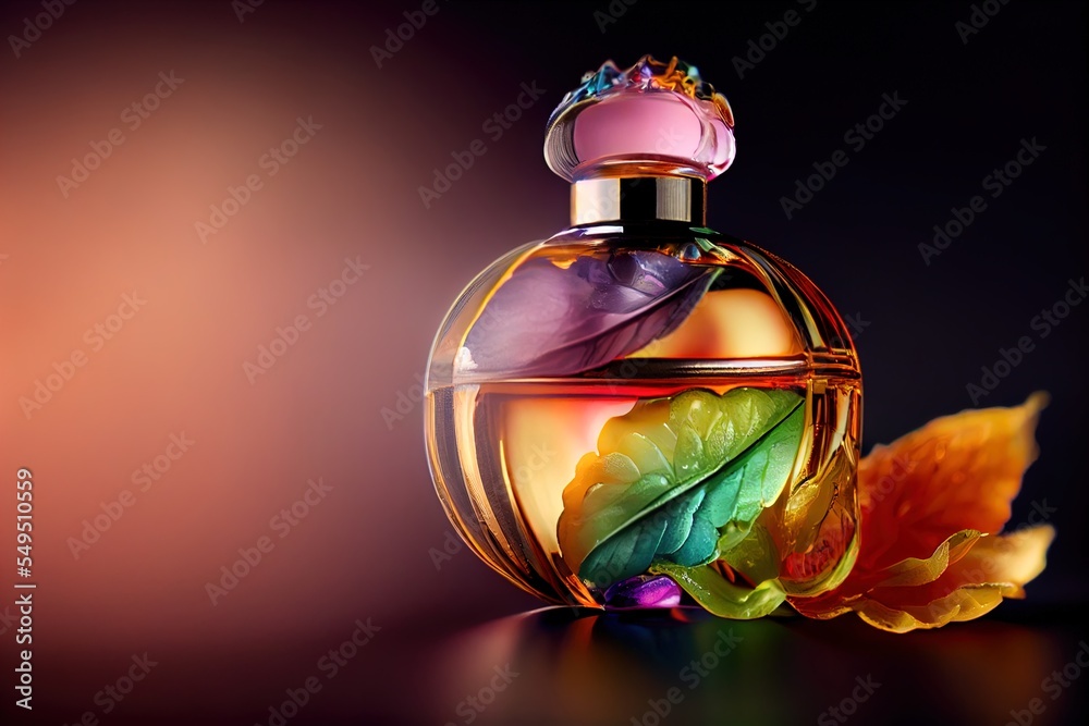 a colorful perfume bottle with a flower on top of it and a leaf on the  bottom of it. Generative AI ilustración de Stock | Adobe Stock