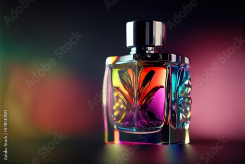  a colorful bottle with a butterfly on it on a table with a blurry background of colors and a black cap. Generative AI