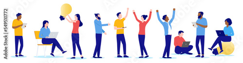 Casual office people vector set - Collection of flat design characters doing work, coming up with ideas and cheering, on white background