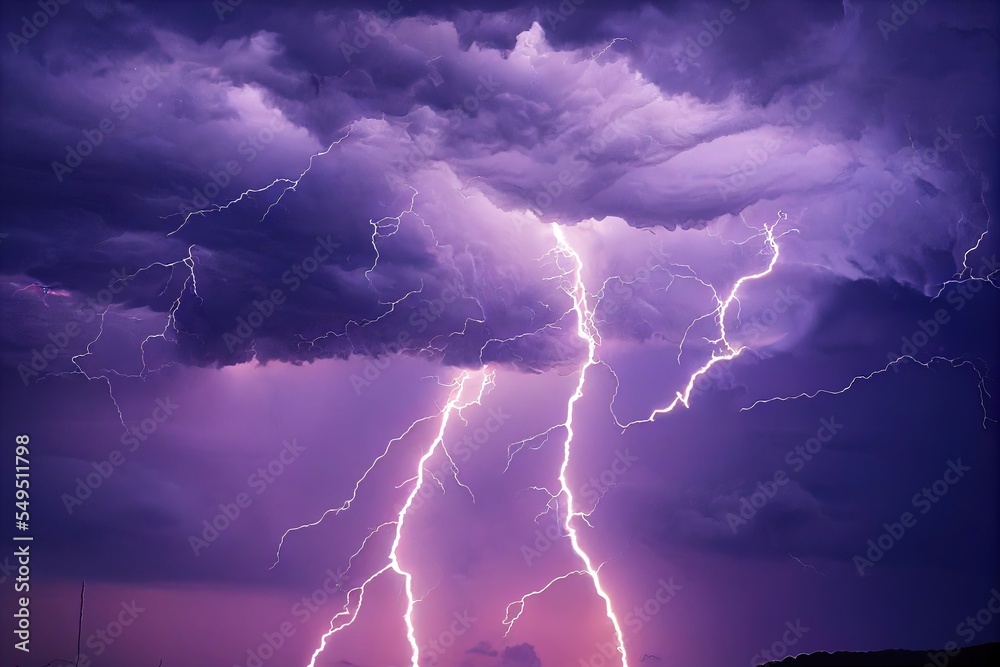 a lightning bolt hitting the ground in a purple sky with clouds and a ...