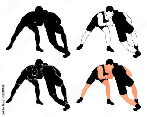 Set silhouettes athletes wrestlers in wrestling, duel, fight. Greco Roman, freestyle, classical wrestling. Martial art