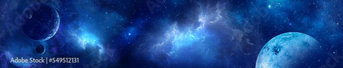 Space scene with planets, stars and galaxies. Panorama. Horizontal view for a glass panels (skinali). Template banner