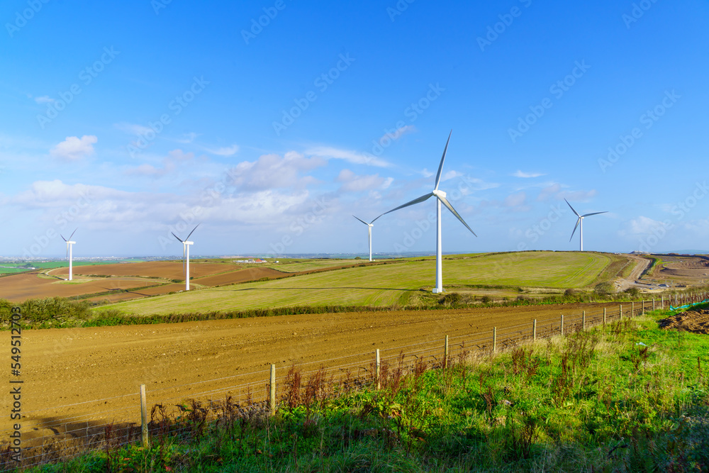 Wind turbines farm and countryside, in Cornwell