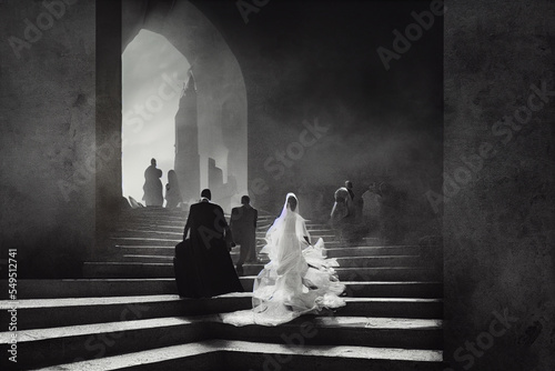 Print op canvas A bride and groom on a mysterious staircase, a cinematic toned conceptual illust