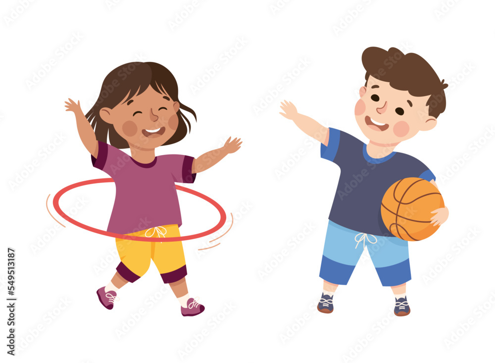 Little Boy and Girl Engaged in Physical Education at School Vector Set