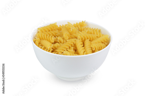 Pasta in white bowl isolated on white background