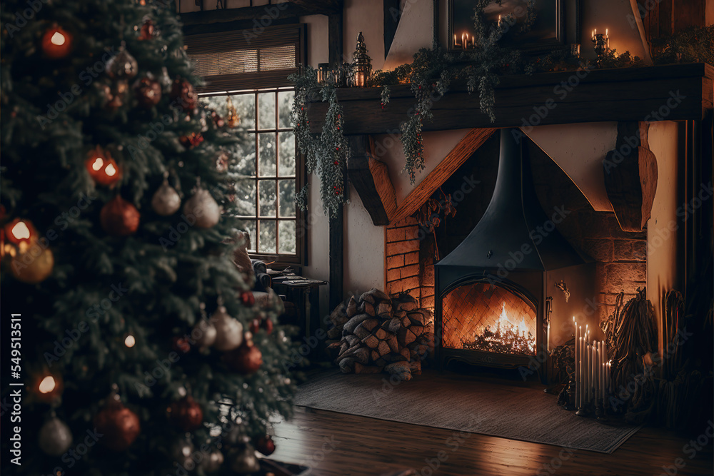 A fireplace with christmas decorations in a rustic and cozy living room. AI-generated.