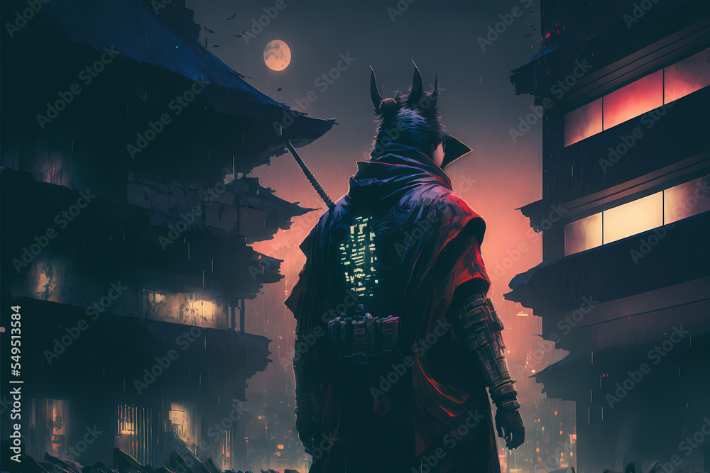 futuristic samurai potrait standing in cyberpunk science fiction city ...