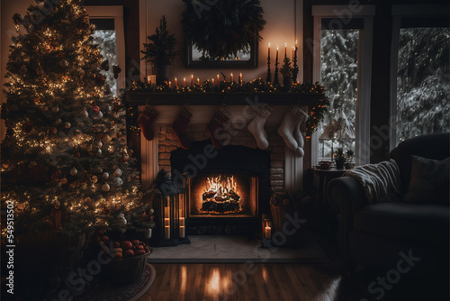 A fireplace with christmas decorations in a rustic and cozy living room. AI-generated.