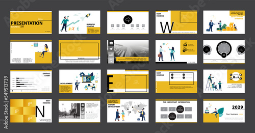 Business presentation, powerpoint, launch financial annual report project. Infographic design template, yellow, black elements, white background, set.A team of people creates a business, teamwork. app