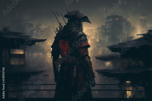 futuristic samurai potrait standing in cyberpunk science fiction city at night, rain falling, neon lights, concept art digital generative ai illustration 