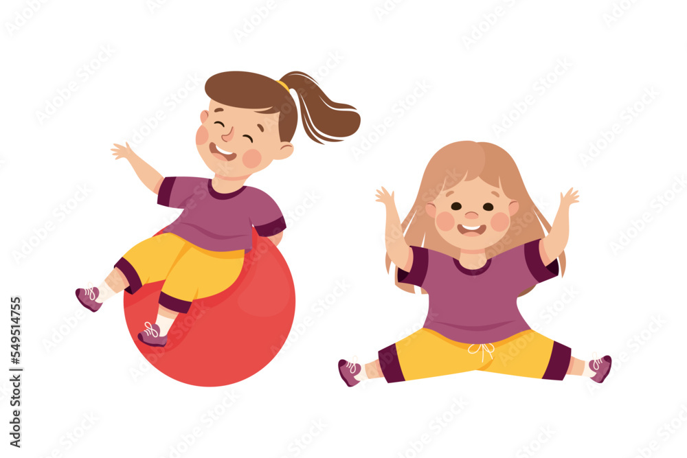Little Girl Engaged in Physical Education at School Vector Set Little Girl Engaged in Physical Education at School Vector Set
