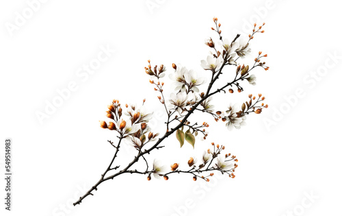 Blooming cherry tree branch on white background. Spring blossom illustration. White flowers blossom on a cherry tree branch on white background.