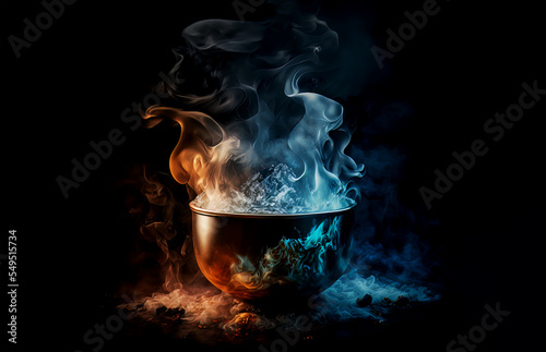 Dense steam above a boiling cauldron. Magical pot with boiling and bubbling potion. Steam and bubbling in the witch alchemy cauldron. Halloween illustration.
