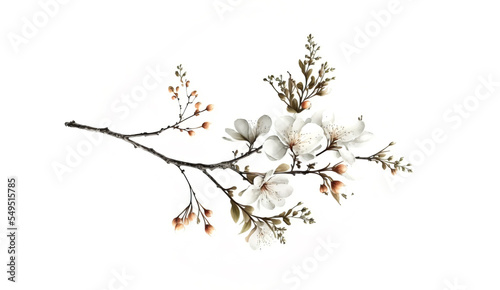 Blooming cherry tree branch on white background. Spring blossom illustration. White flowers blossom on a cherry tree branch on white background.
