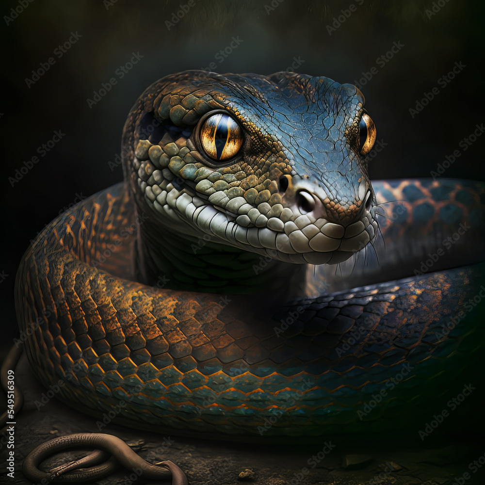 Deadly colorful snake looking into the camera. Exotic snake look at you. Snake eyes. Reptile predator. Agressive snake face close up. Deadly colorful snake looking into the camera. Exotic snake look at you. Snake eyes. Reptile predator. Agressive snake face close up.