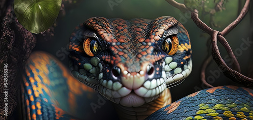 Deadly colorful snake looking into the camera. Exotic snake look at you. Snake eyes. Reptile predator. Agressive snake face close up.