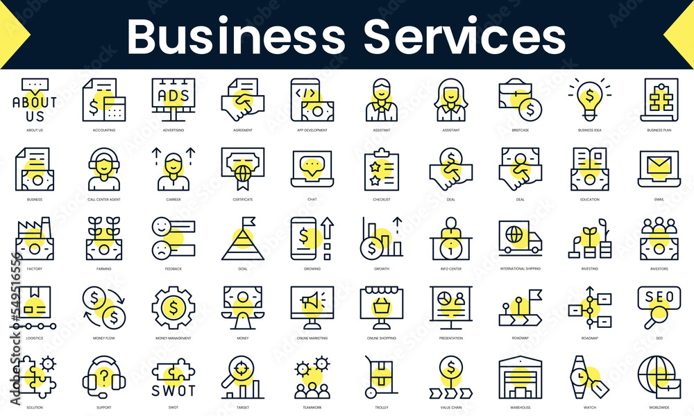 Set of thin line business services Icons. Line art icon with Yellow