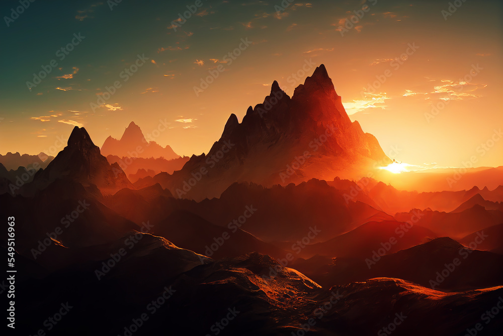 Sunset over the mountain peaks. Mountain peaks with red sunset. Beautifull nature background. Sunset background.
