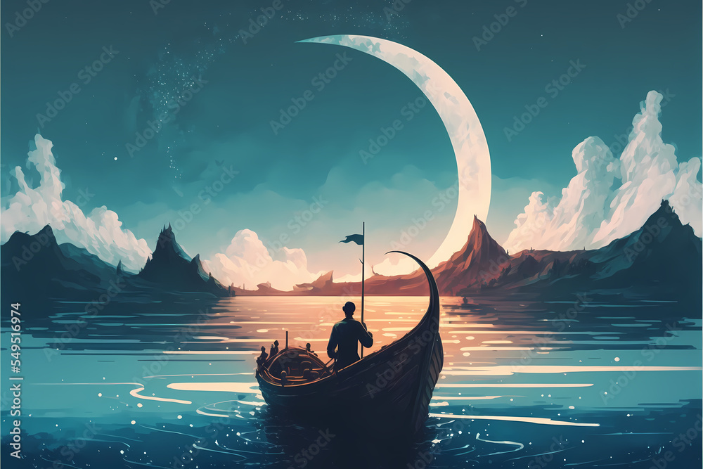 fisherman boat on a blue lake, big moon at the horizon, illustration design art style  - obrazy, fototapety, plakaty 
