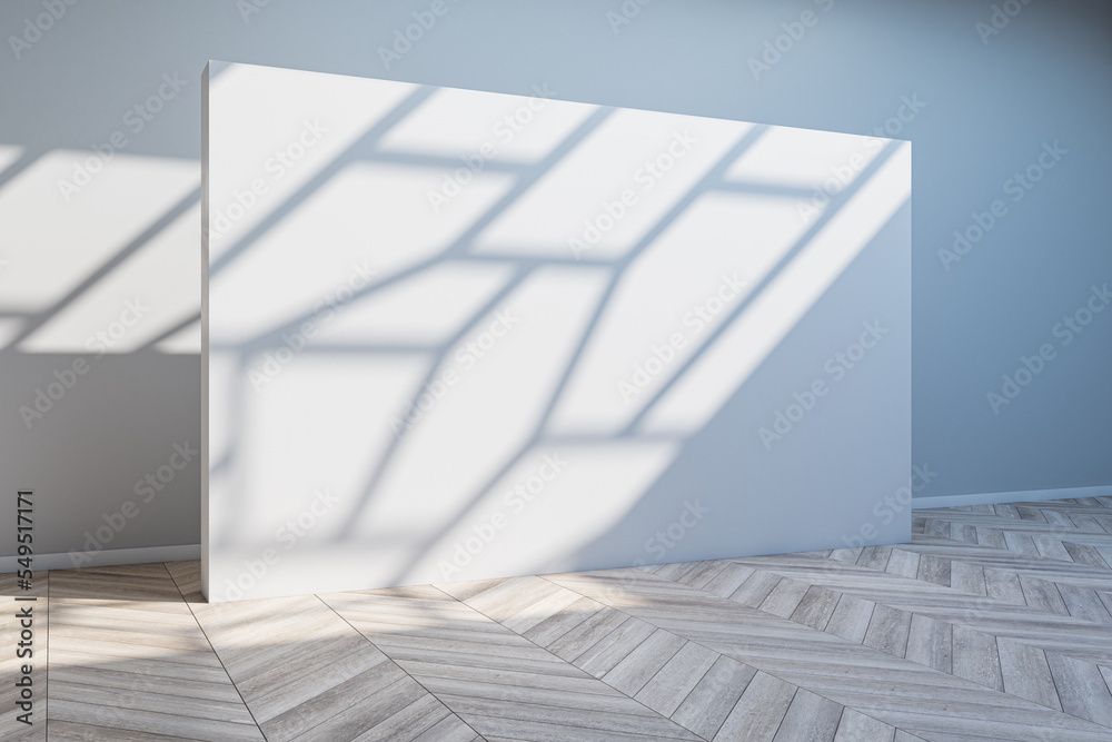 Obraz premium Clean gallery interior with empty poster and sunlight shadow on concrete wall. Mock up, 3D Rendering.