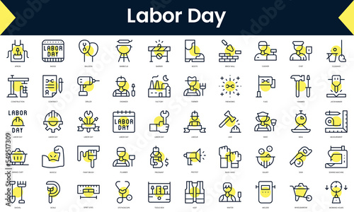 Set of thin line labor day Icons. Line art icon with Yellow shadow. Vector illustration photo