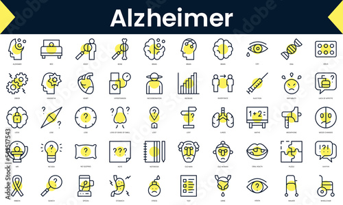 Set of thin line alzheimer Icons. Line art icon with Yellow shadow. Vector illustration photo