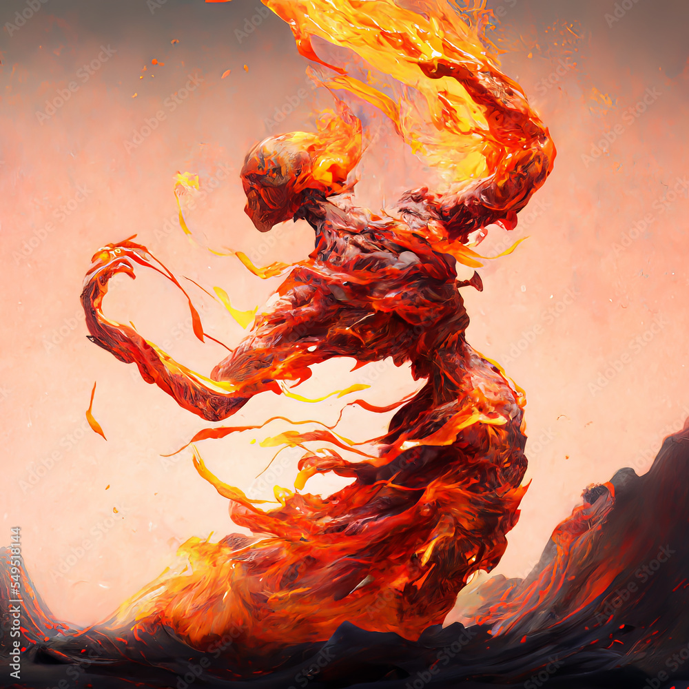 Fire elemental on fantastic background. Fire demon on magical background. Fairy tale mystic fire