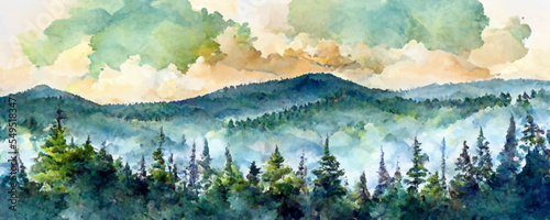 Watercolor painting landscape panorama of pine