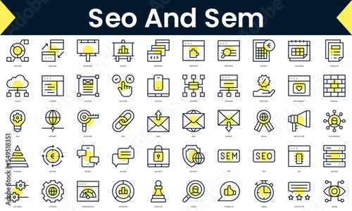 Set of thin line seo and sem Icons. Line art icon with Yellow shadow. Vector illustration