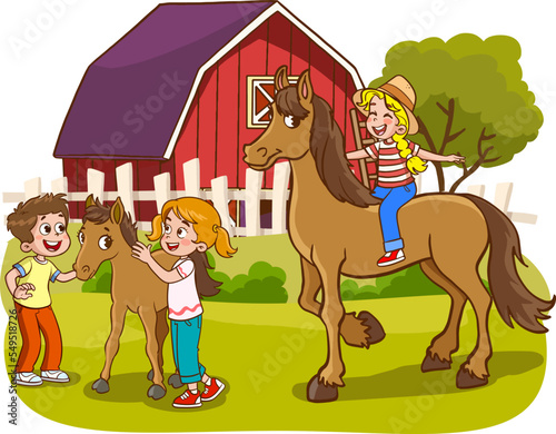 happy children and farm animals horse cartoon vector