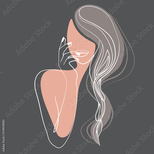 Minimalistic silhouette of woman face with long hair and hand near lips Continuous line drawing on gray background vector.Fashion abstract liner female portrait.Beauty and fashion poster,emblem design