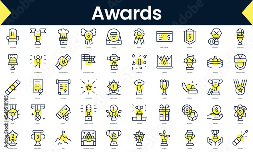 Set of thin line awards Icons. Line art icon with Yellow shadow. Vector illustration photo