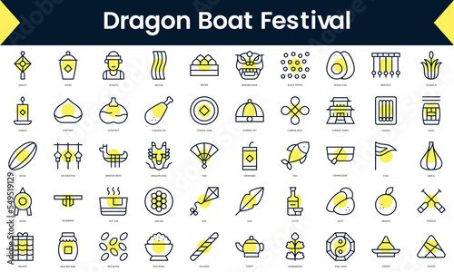 Set of thin line dragon boat festival Icons. Line art icon with Yellow shadow. Vector illustration