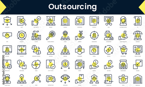 Set of thin line outsourcing Icons. Line art icon with Yellow shadow. Vector illustration