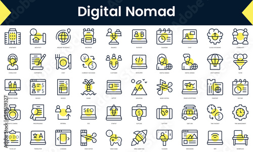 Set of thin line digital nomad Icons. Line art icon with Yellow shadow. Vector illustration