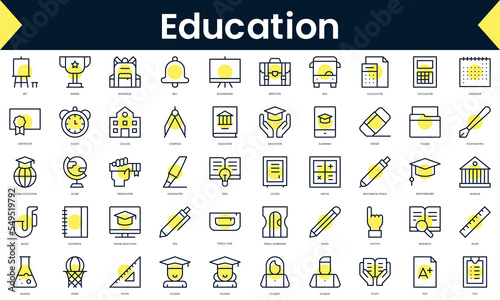 Set of thin line education Icons. Line art icon with Yellow shadow. Vector illustration