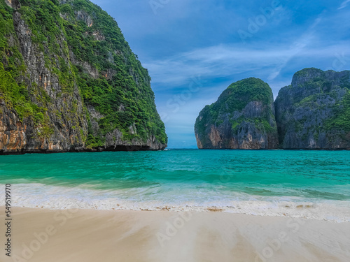 Maya bay beach with no people and waves in a paradise Phi Phi Le island