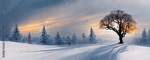 Beautiful tree in winter landscape in late evening