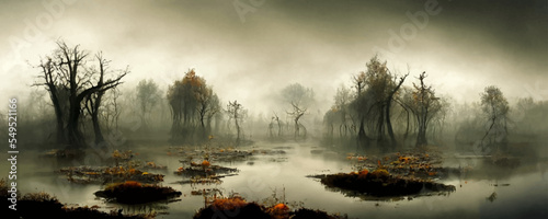 Creepy landscape showing misty dark swamp in autumn