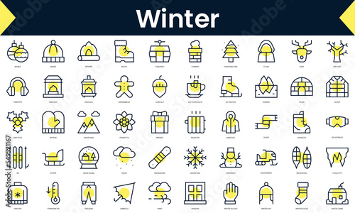 Set of thin line winter Icons. Line art icon with Yellow shadow. Vector illustration