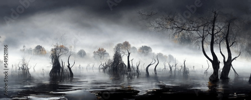 Creepy landscape showing misty dark swamp in autumn